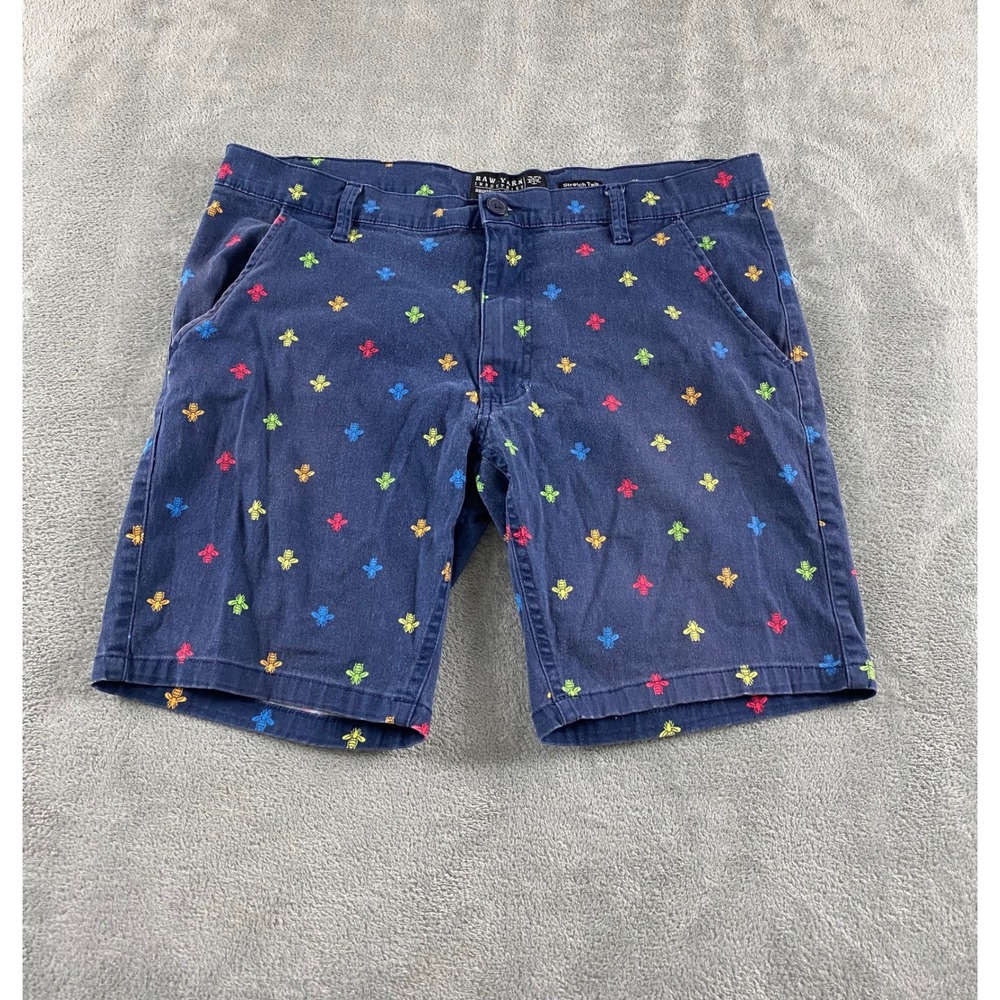 Raw Yarn Industries Mens Navy Blue Multi Color Embroidered Bee Shorts Size 34